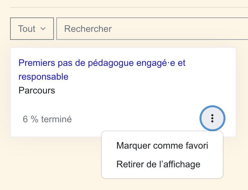 Copie d'écran du menu contextuel accessible avec l'icone 3 points pour marquer un cours en favoris