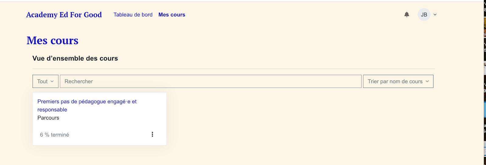 Copie d'écran de la page "Mes cours" présentant la liste des cours auxquels l'apprenant est inscrit
