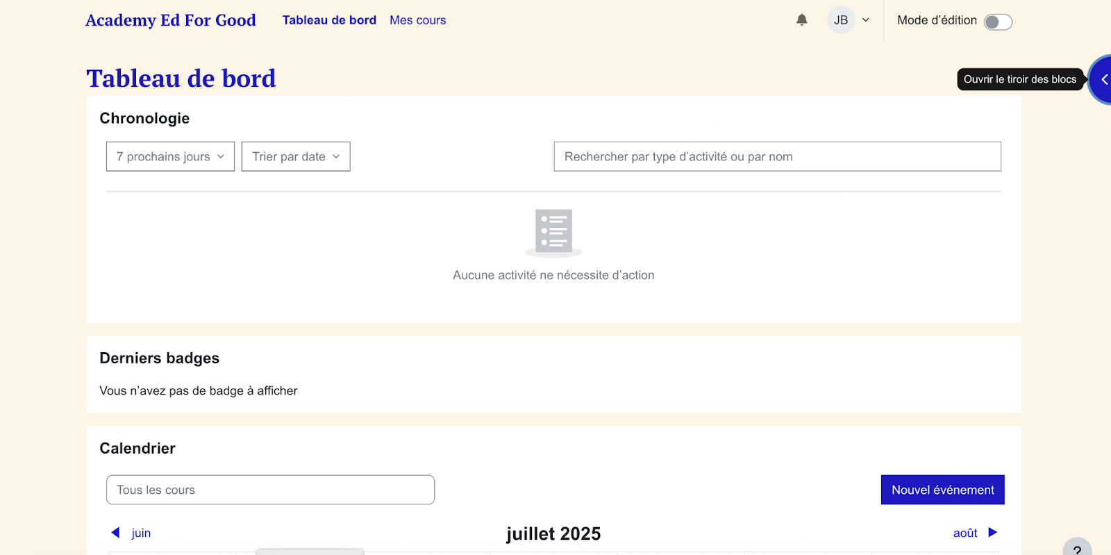 Copie d'écran du tableau de bord