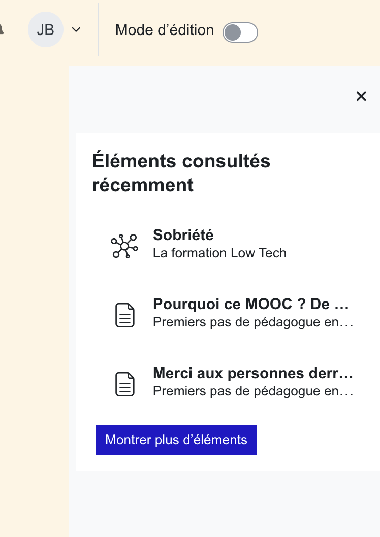 Copie d'écran des éléments du tiroir des blocs
